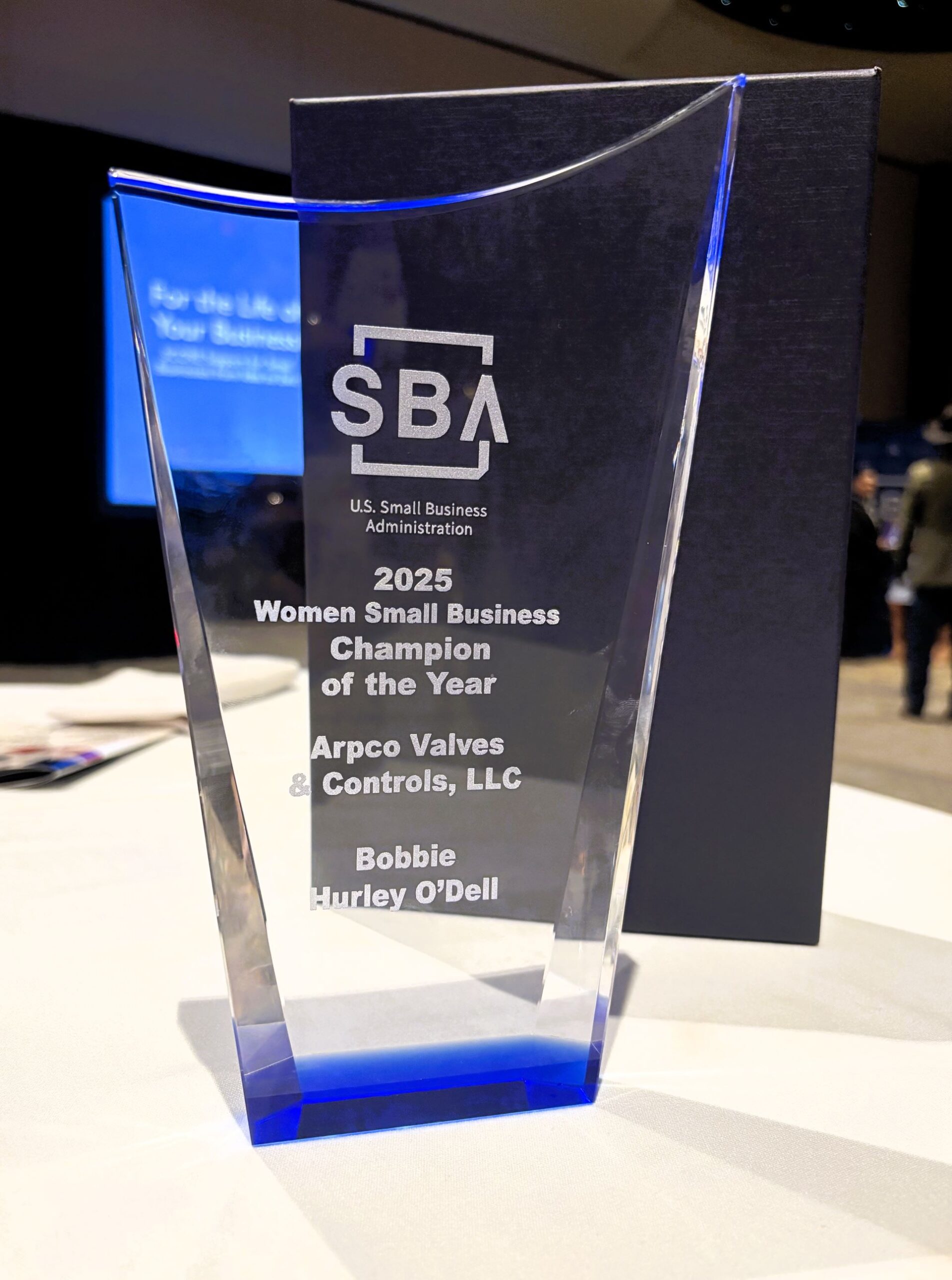 Close-up of the 2025 SBA Woman-Owned Business Champion of the Year award presented to Bobbie Hurley of Arpco Valves & Controls, LLC.
